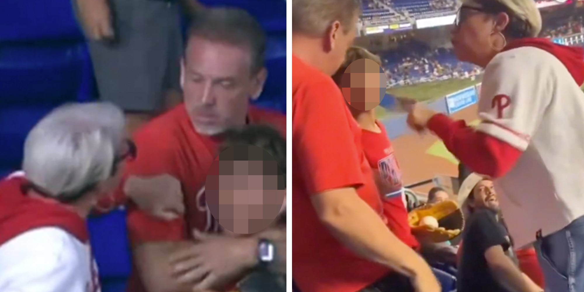 Left: Woman in a Phillies jersey at a Phillies game, dubbed 'Phillies Karen,' grabbing a man in a red Phillies shirt as he protects his son. Right: Phillies Karen pointing her finger at a father and a young boy at a Phillies baseball game.