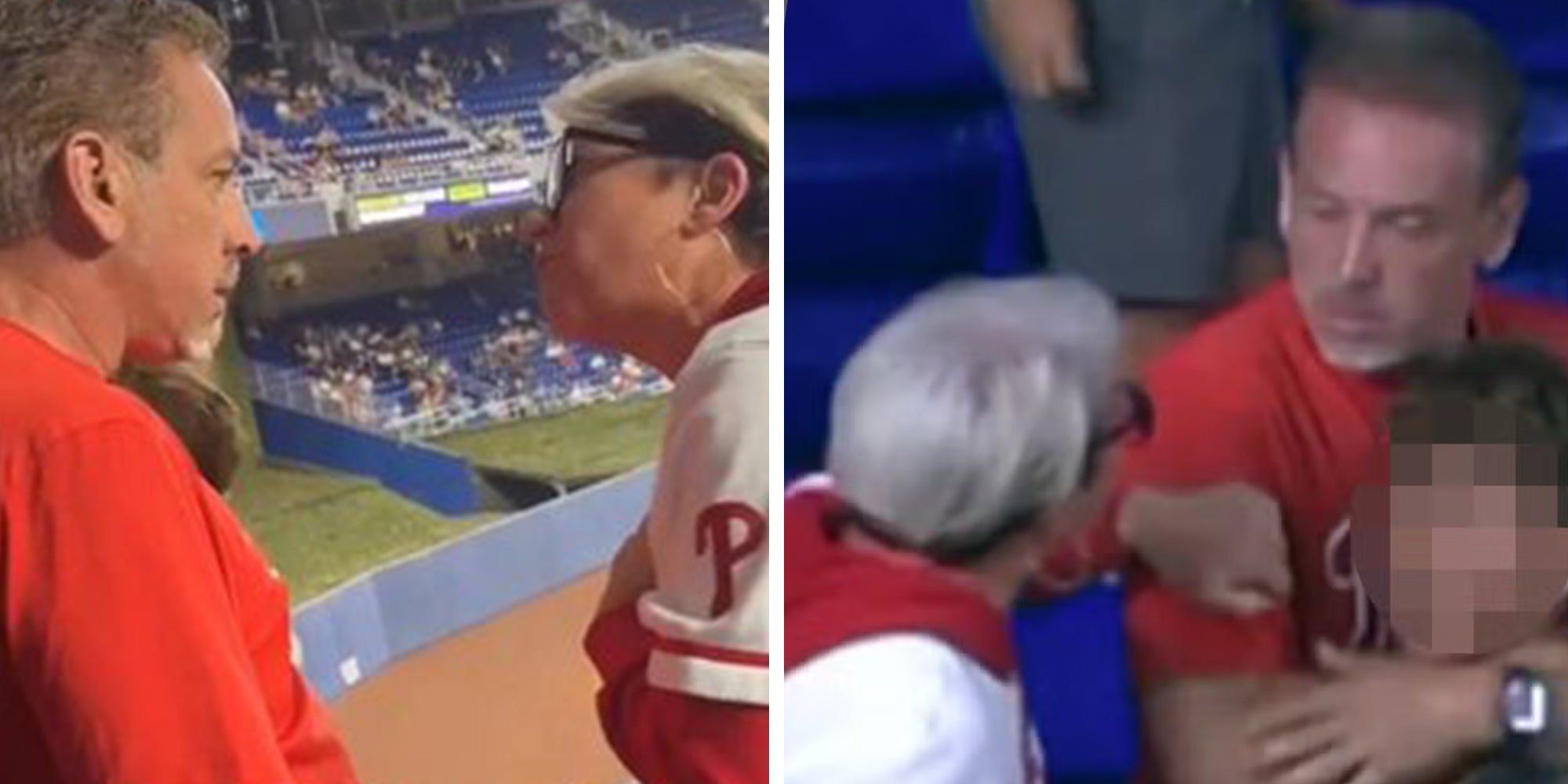 Left: White-haired woman in a Phillies jersey at a Phillies game dubbed 'Phillies Karen' yelling at a man in a red Phillies t-shirt. Right: Man in a red Phillies t-shirt protecting son from 'Phillies Karen.'