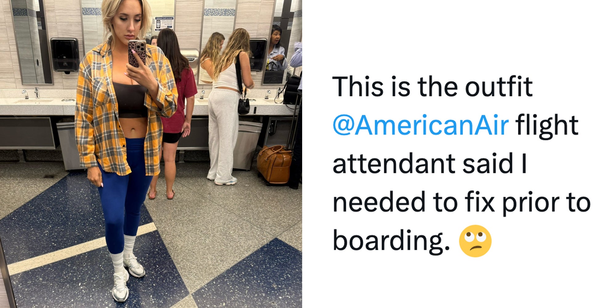 ex-Playboy model Sarah Blake Cheek selfie showing her outfit: a cropped athletic top beneath an unbuttoned yellow flannel. She paired the shirt with leggings, sneakers, and high socks