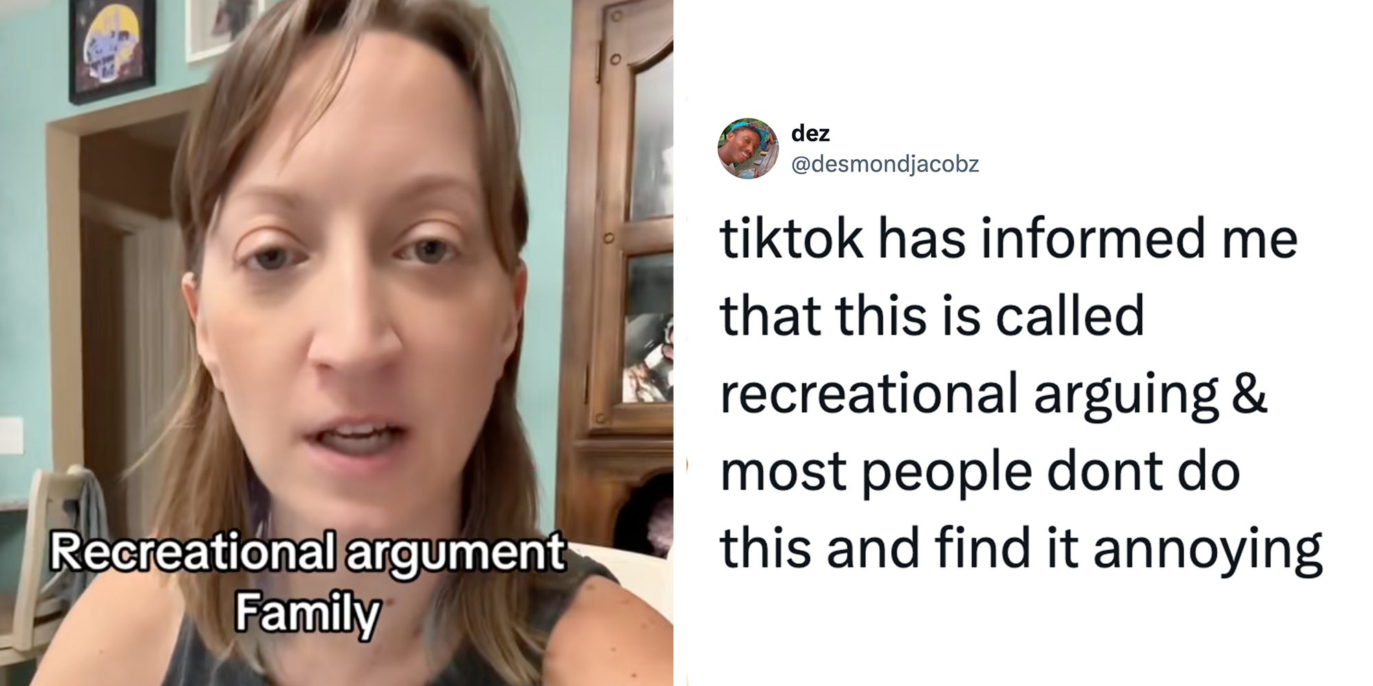 Left: Woman looking into the camera, caption overlay reads 'recreational argument family.' Right: Tweet reading 'tiktok has informed me that this is called recreational arguing & most people dont do this and find it annoying.'