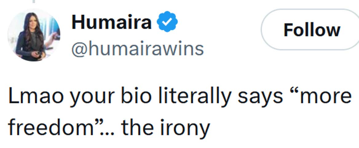 Tweet lendo 'lmao Sua biografia literalmente diz “mais liberdade” ... a ironia'