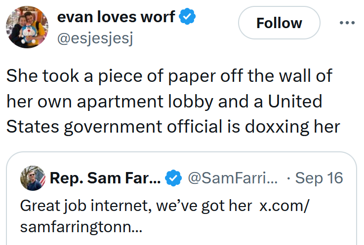 Tweet reading 'She took a piece of paper off the wall of her own apartment lobby and a United States government official is doxxing her'