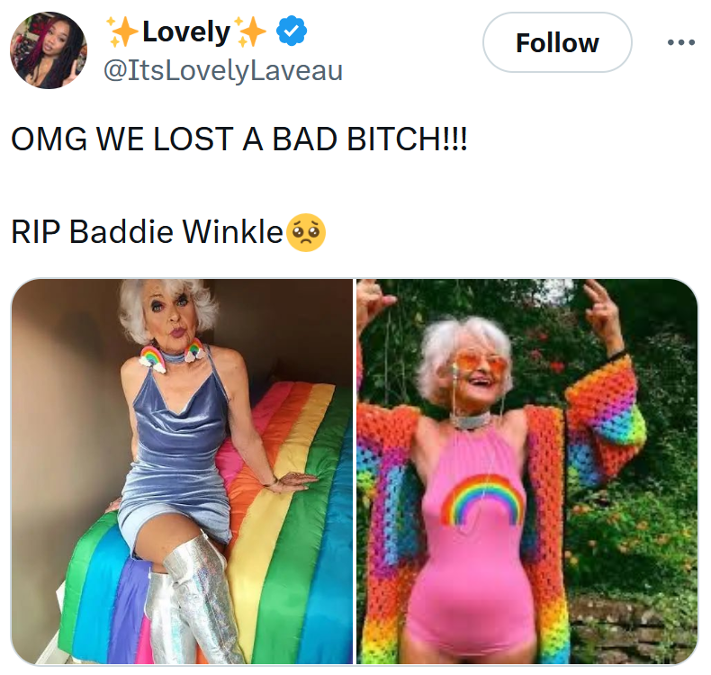 Tweet reading 'OMG WE LOST A BAD BITCH!!! RIP Baddie Winkle.' Below are two photos of Baddie Winkle in rainbow outfits.