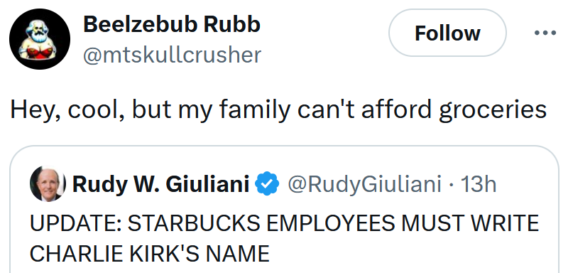 Tweet reading 'Hey, cool, but my family can't afford groceries'