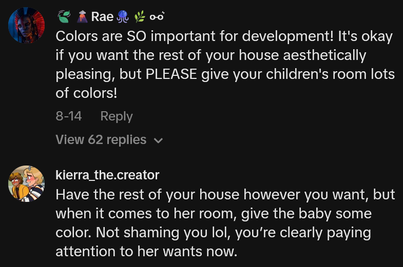 TikTok comments including one reading 'Colors are SO important for development! It's okay if you want the rest of your house aesthetically pleasing, but PLEASE give your children's room lots of colors!'