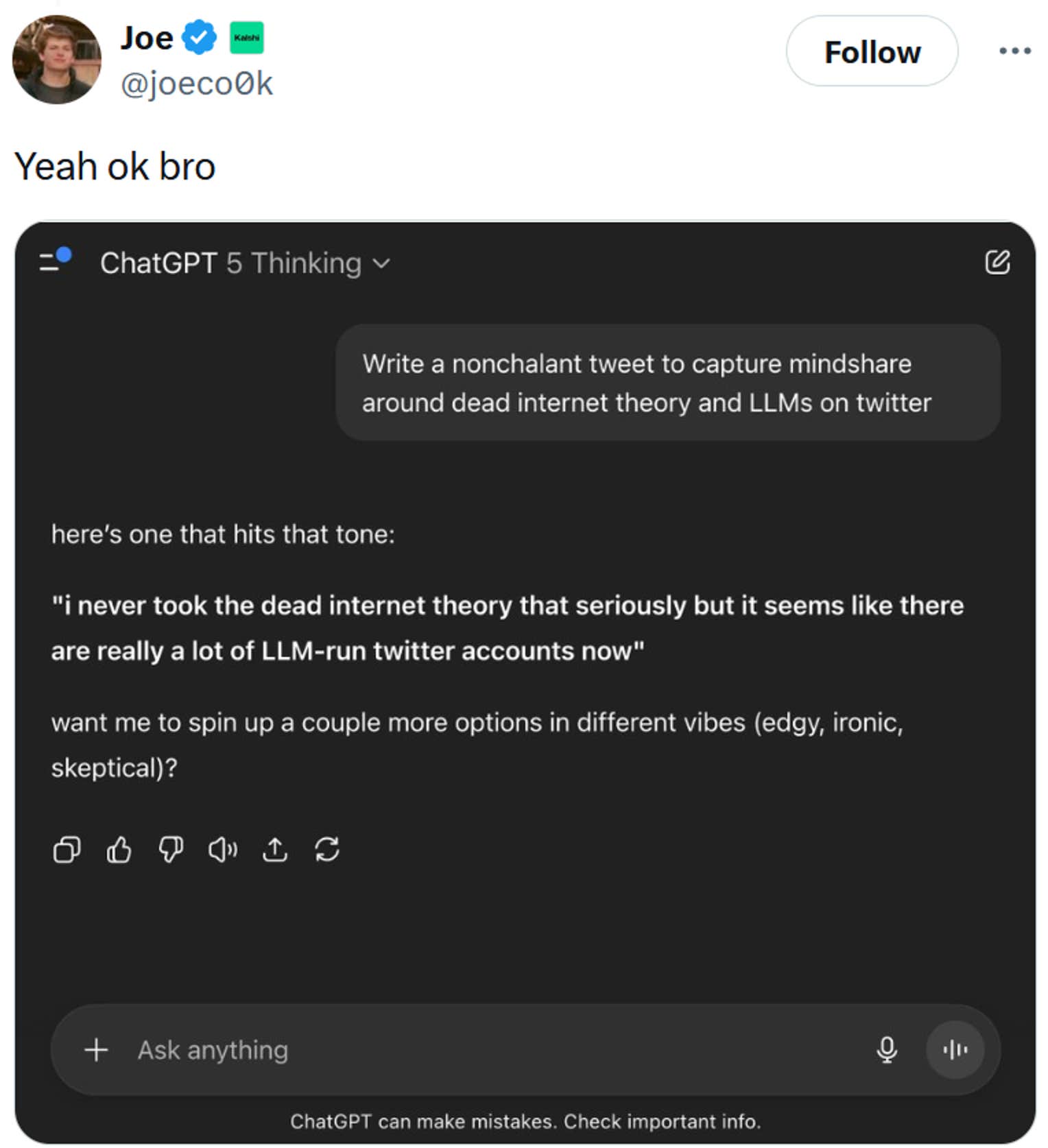 Tweet reading 'Yeah ok bro' with a screenshot of a ChatGPT prompt response.