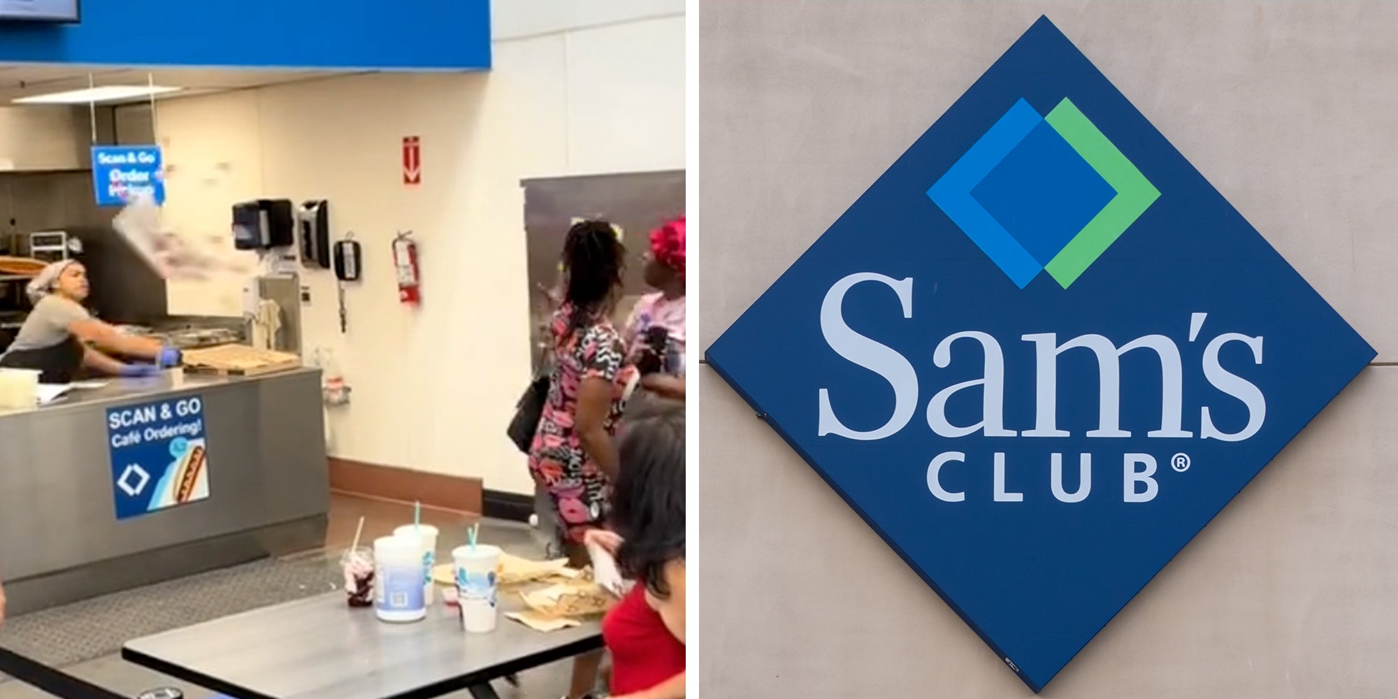 Left: Sam's Club employee throwing food a customers. Right: The entrance to a Sam’s club store in Buffalo, NY, USA.