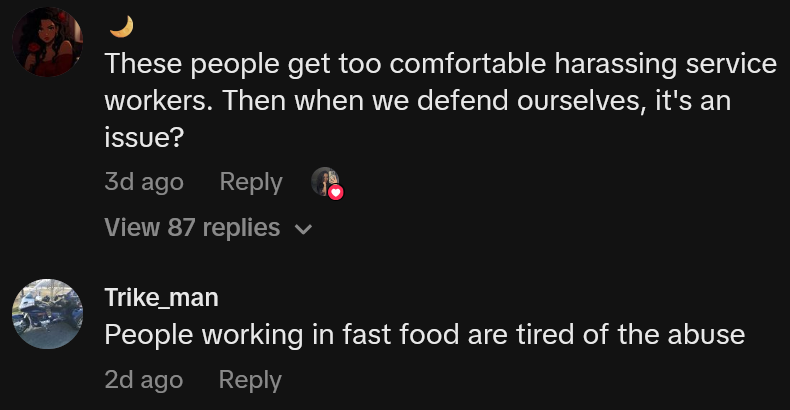 TikTok comments including one reading 'These people get too comfortable harassing service workers. Then when we defend ourselves, it's an issue?'