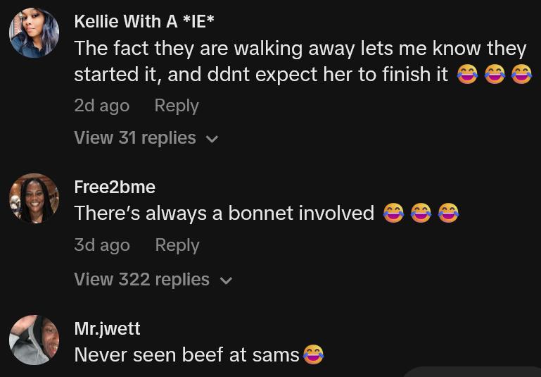 TikTok comments including one reading 'The fact they are walking away lets me know they started it, and ddnt expect her to finish it.'