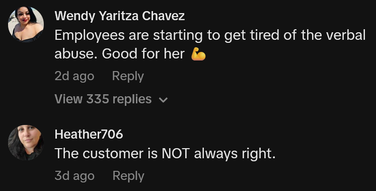TikTok comments including one reading 'Employees are starting to get tired of the verbal abuse. Good for her.'