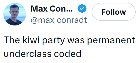 Tweet reading 'The kiwi party was permanent underclass coded'
