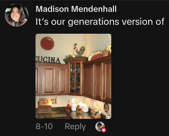 TikTok comment reading 'It's our generations version of' followed by a photo of a rooster figurine in a kitchen.