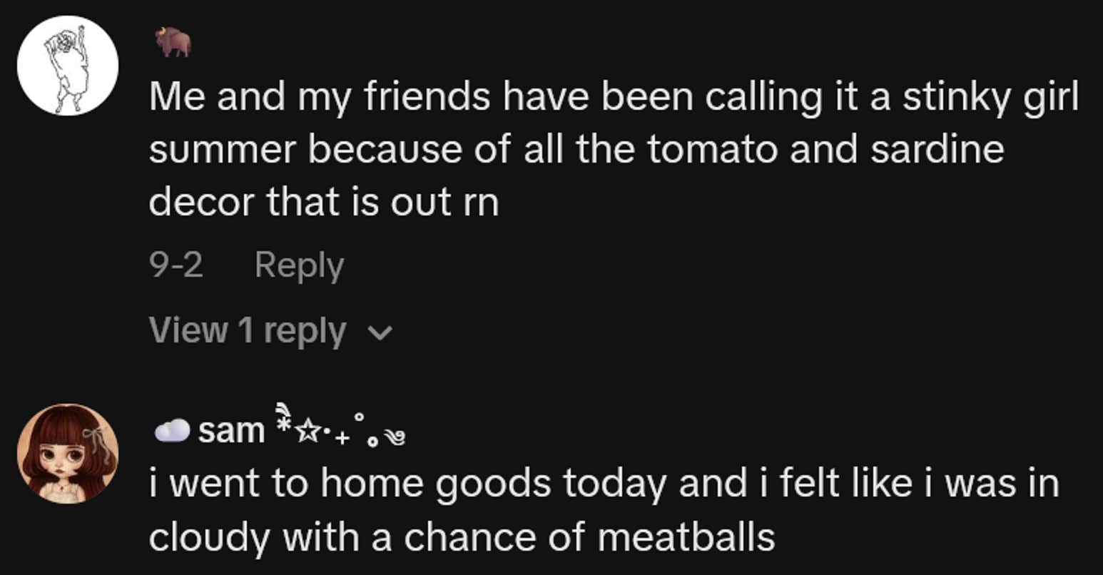 TikTok comments including one reading 'Me and my friends have been calling it a stinky girl summer because of all the tomato and sardine decor that is out rn'