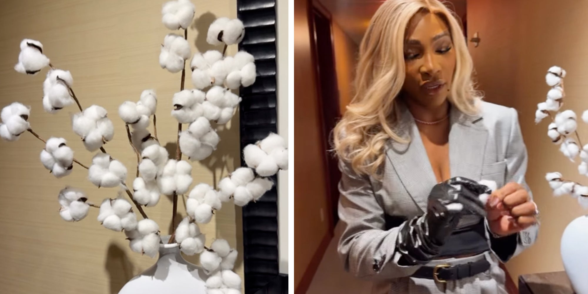 Left: Cotton plant decoration in a NYC hotel. Right: Serena Williams holding a cotton puff from the cotton plant decoration.