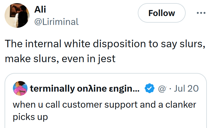 Tweet reading 'The internal white disposition to say slurs, make slurs, even in jest'