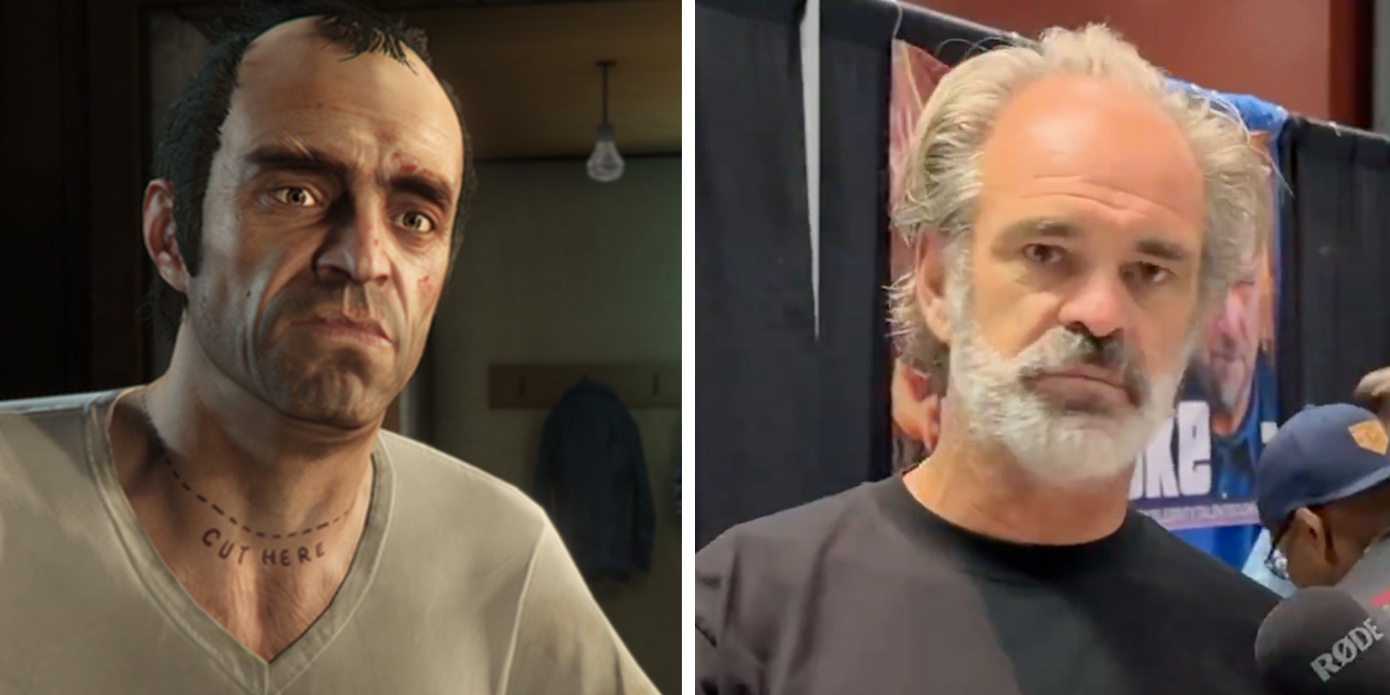 Left: Grand Theft Auto 5 character Trevor Philips. Right: Trevor’s actor, Steven Ogg says he doesn’t care about GTA 6 and that he didn’t even play GTA 5.