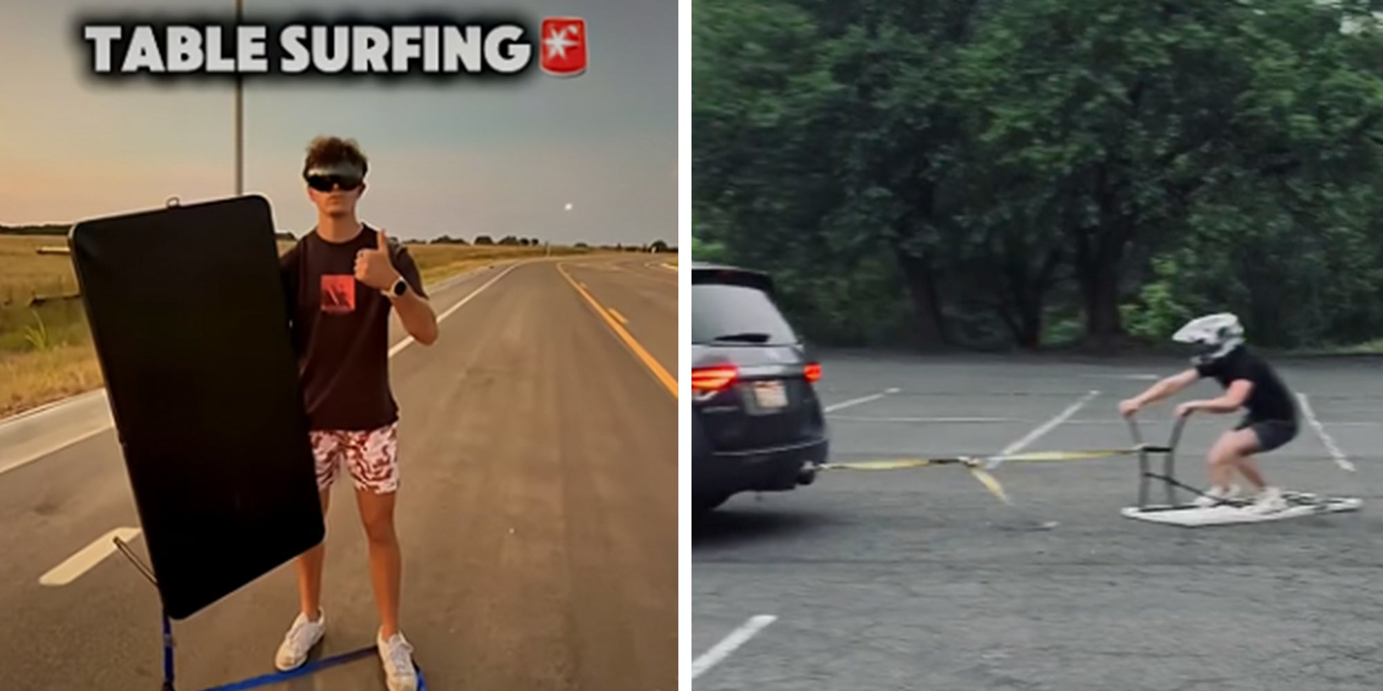 Left: Teen standing in a road holding a folding table, caption overlay reads, "Table surfing." Right: Young person "table surfing" in a helmet while attached to a minivan.