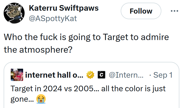 Tweet reading 'Who the fuck is going to Target to admire the atmosphere?'