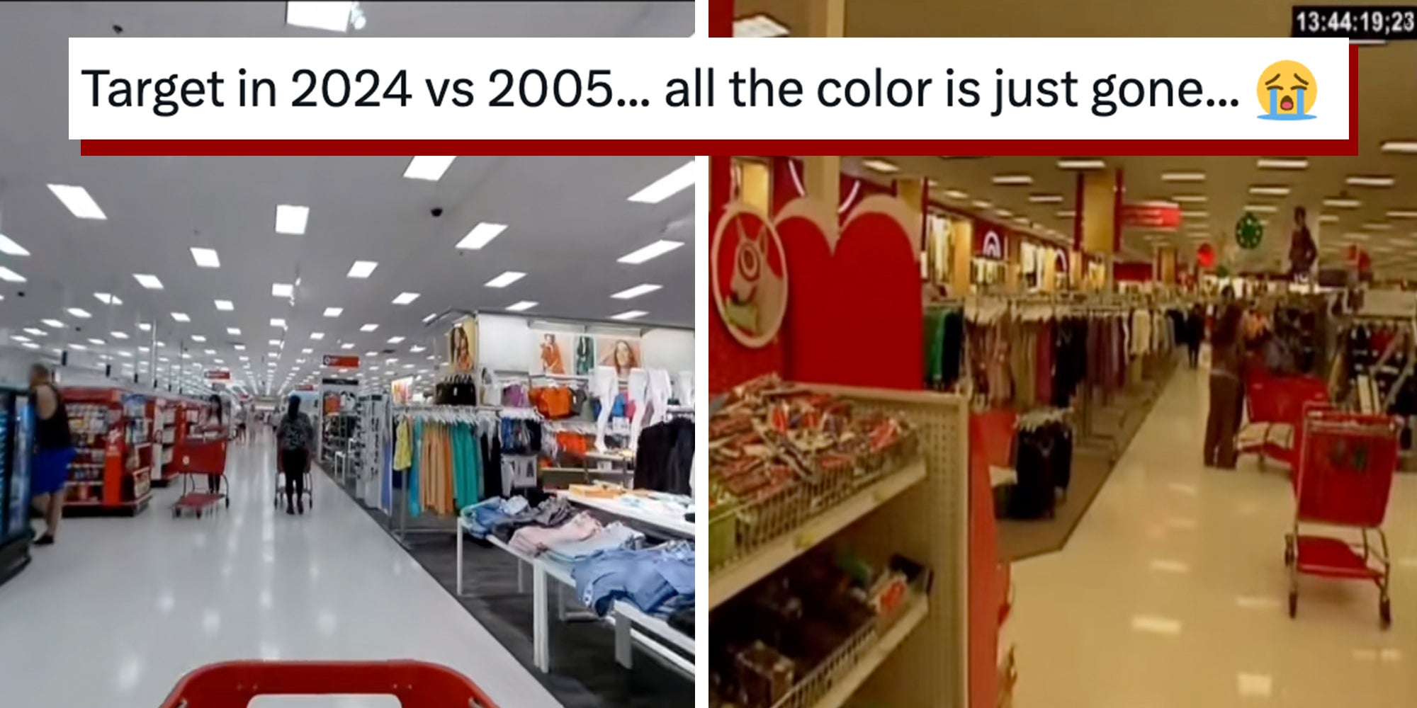 Left: Target store in 2025. Right: Target store in 2004, much more colorful. Caption overlay reads, 'Target in 2024 vs 2005... all the color is just gone...'