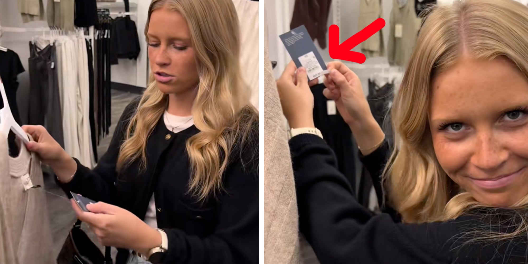 Woman peeling Target price tag on a sweater to reveal a higher price underneath