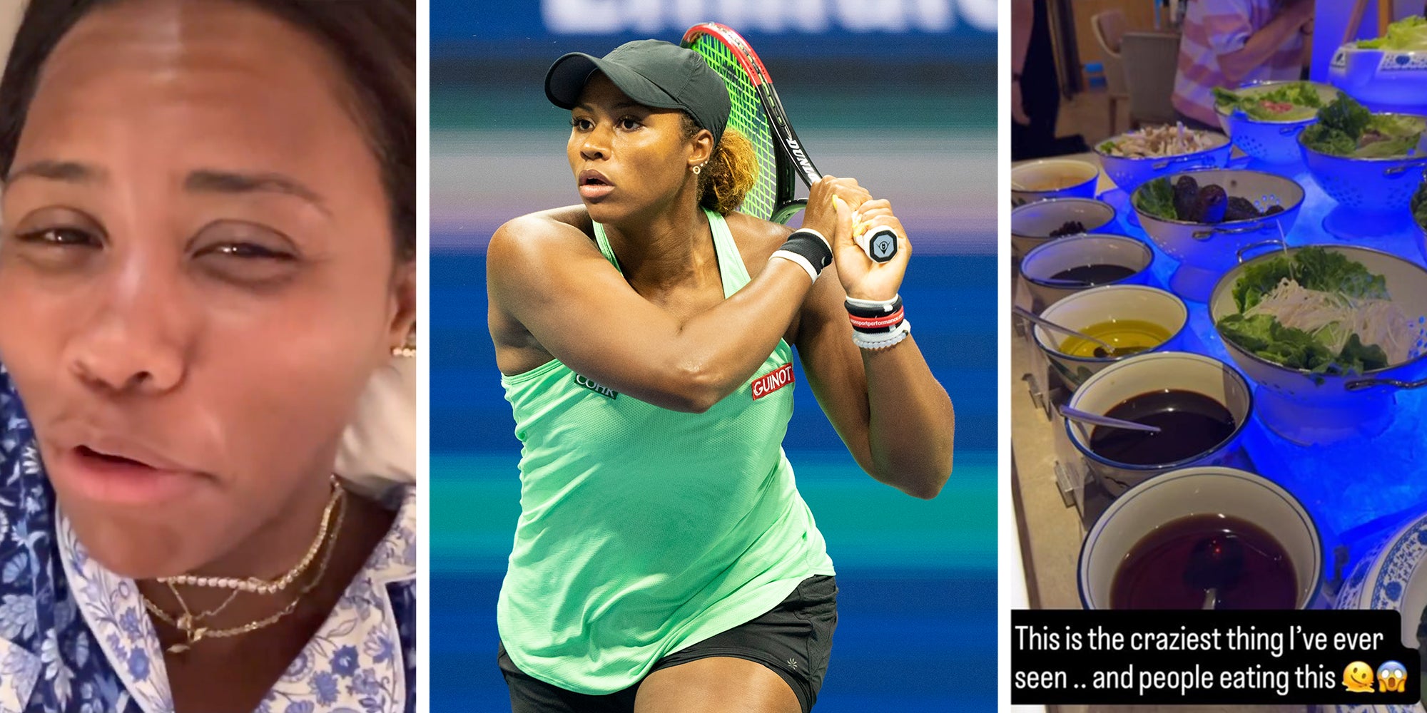 Left: Tennis player Taylor Townsend making a disgusted face. Middle: Tennis player Taylor Townsend (USA) in action during round 4 of US Open Championship against Bianca Andreescu (Canada) at Billie Jean King National Tennis Center. Right: Tennis player Taylor Townsend's Instagram Story screenshot showing a spread of Chinese food. Caption overlay reads, 'This is the craziest thing I've ever seen...and people eating this.'