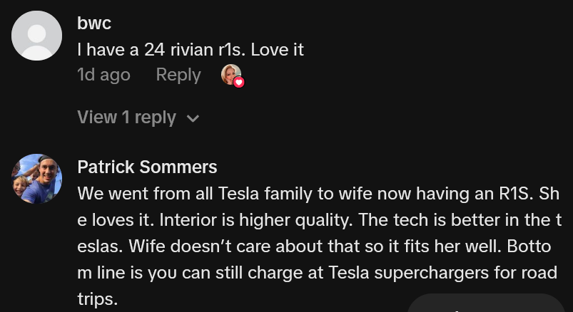 TikTok comments including one reading 'We went from all Tesla family to wife now having an R1S. She loves it. Interior is higher quality. The tech is better in the teslas. Wife doesn’t care about that so it fits her well. Bottom line is you can still charge at Tesla superchargers for road trips.'