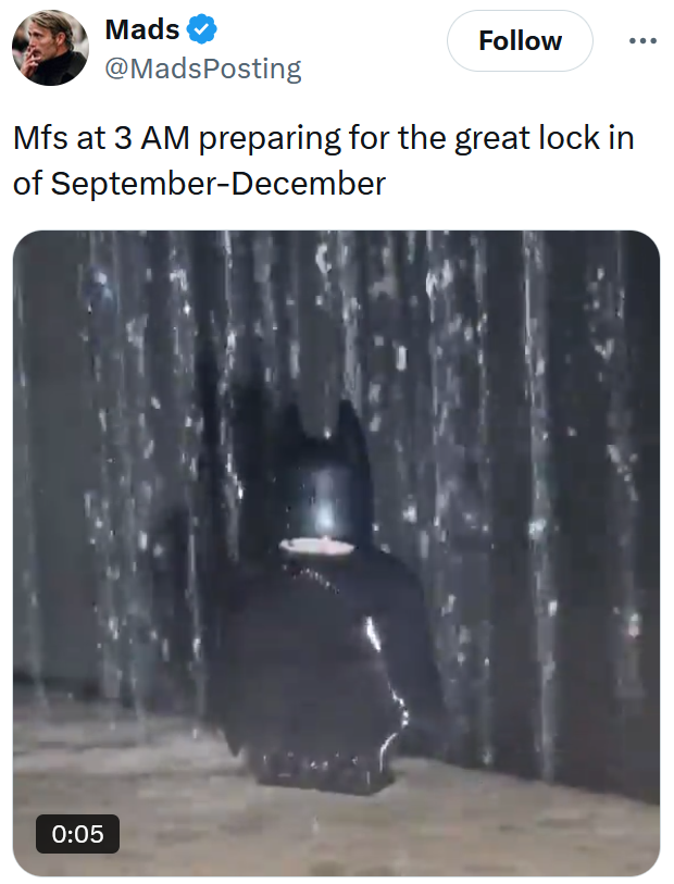 'The Great Lock In' meme with a video of water pouring on a LEGO Batman figurine.