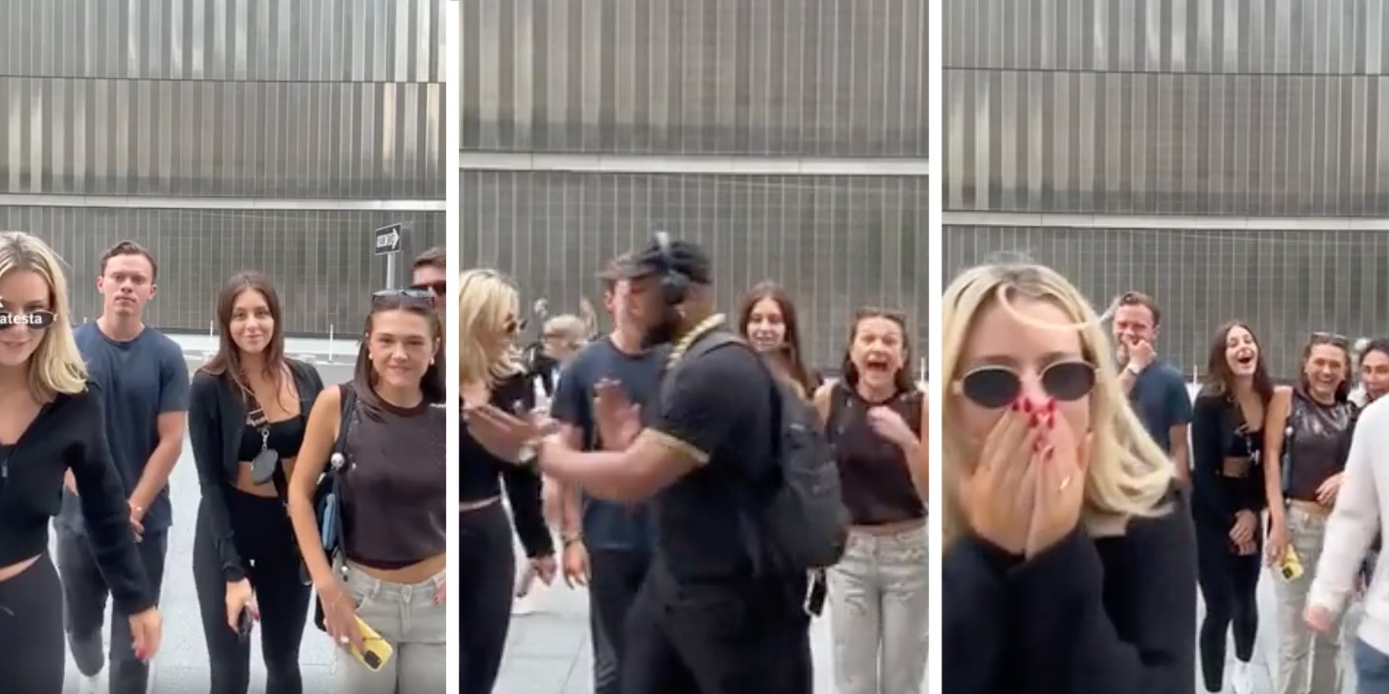 A group of influencers standing on a New York City sidewalk. A man in headphones walks by dispersing them.