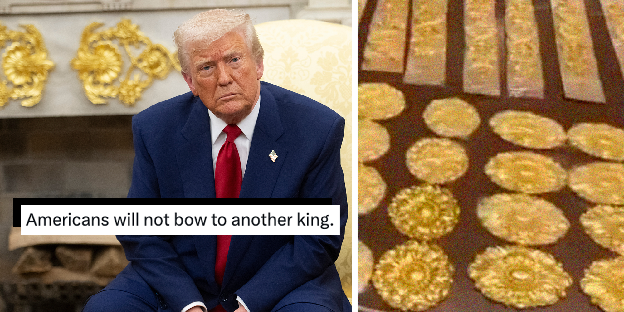 Left: President Donald Trump Truth social post displaying 24 karat gold decorations for the Oval Office. Right: President Donald Trump sitting in front of Golden accents in the Oval Office.