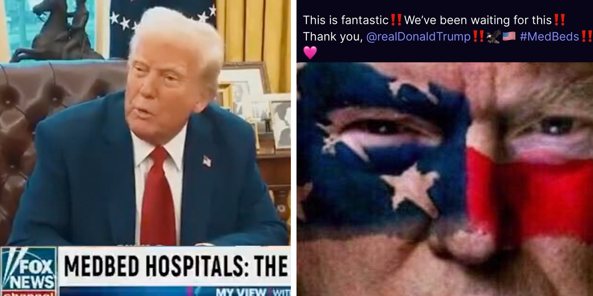 Left: AI-generated video of President Donald Trump sitting in the Oval Office above Fox News Chyron reading 'MedBed Hospitals.' Right: AI-generated photo of Donald Trump with an American Flag painted across his face.