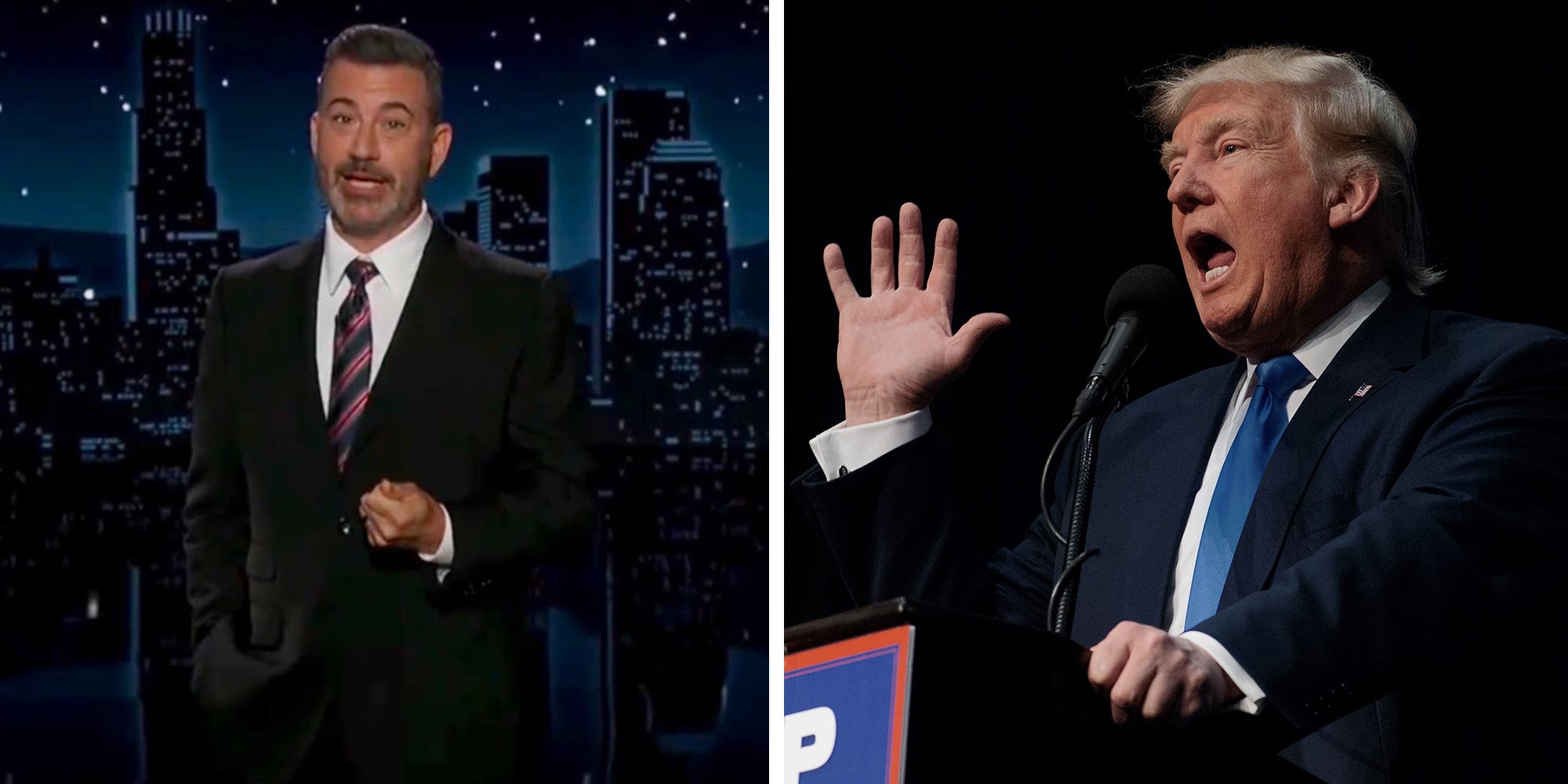 Left: Jimmy Kimmel speaking on his show Jimmy Kimmel Live! Right: Republican presidential candidate Donald Trump speaking to his supporters at the “Make America Great Again” rally in the Sioux City Iowa convention center.