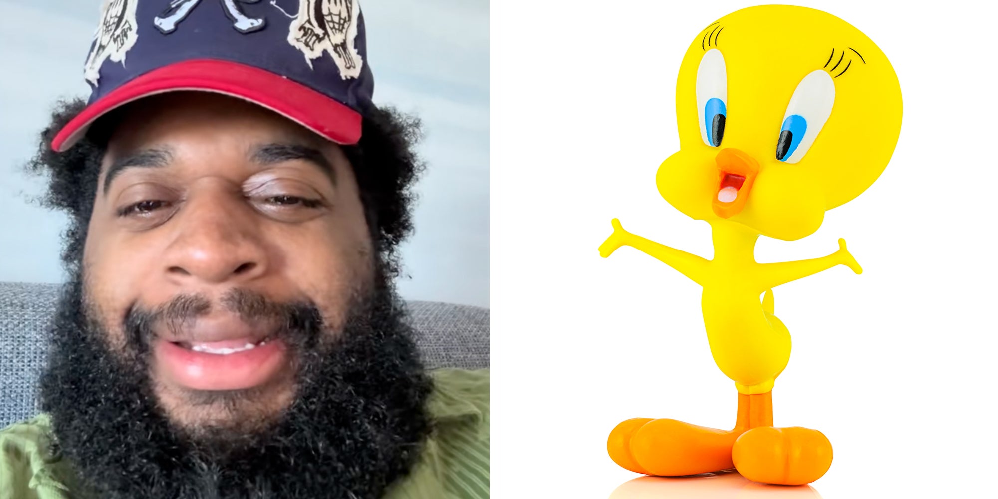 Left: Man smiling looking into the camera. Right: : Tweety Bird figure toy character form Looney Tunes.