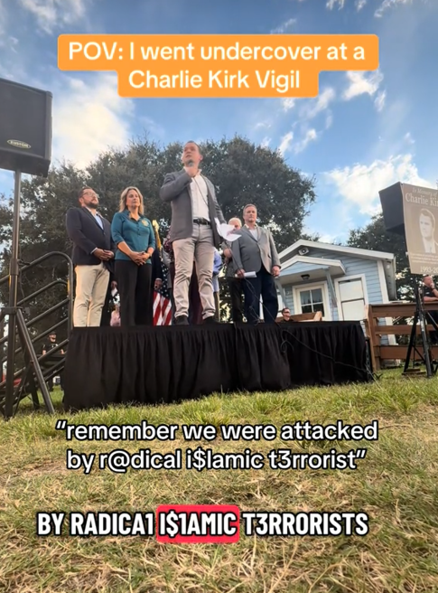 TikTok video of a man speaking on an outdoor stage with a caption quote reading 'remember we were attacked by radical Islamic terrorists.'