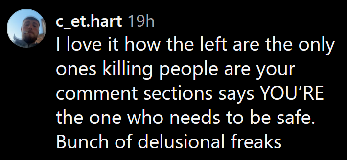 Instagram comment reading 'I love it how the left are the only ones killing people are your comment sections says YOU’RE the one who needs to be safe. Bunch of delusional freaks.'