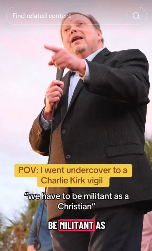 TikTok video of a man speaking into a mic with a caption quote reading 'we have to be militant as a Christian.'