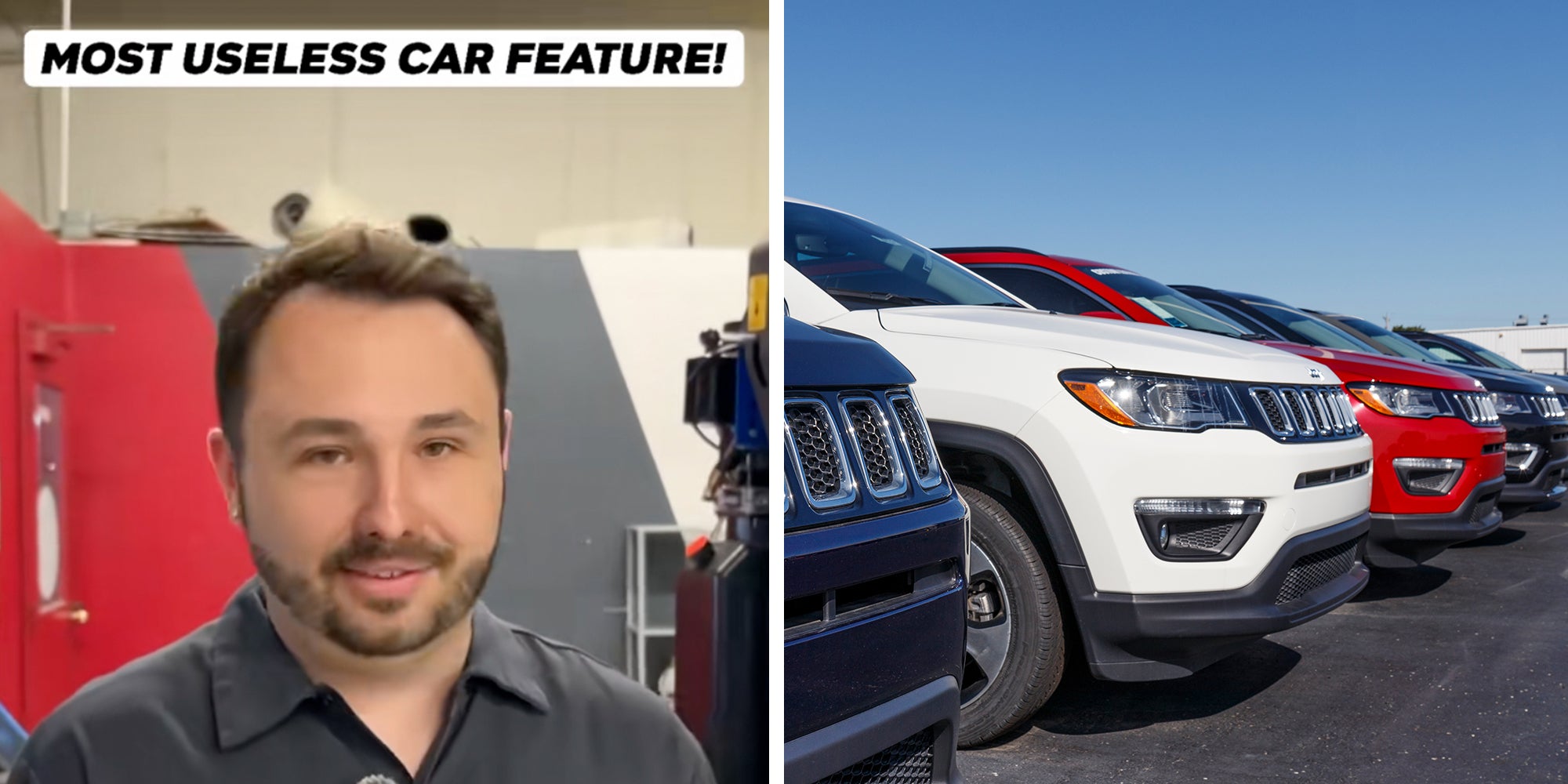Left: Mechanic standing in a garage. Text overlay reads, 'Most useless car feature!' Right: 2019: Jeep Grand Cherokee display at a Chrysler Jeep dealership.