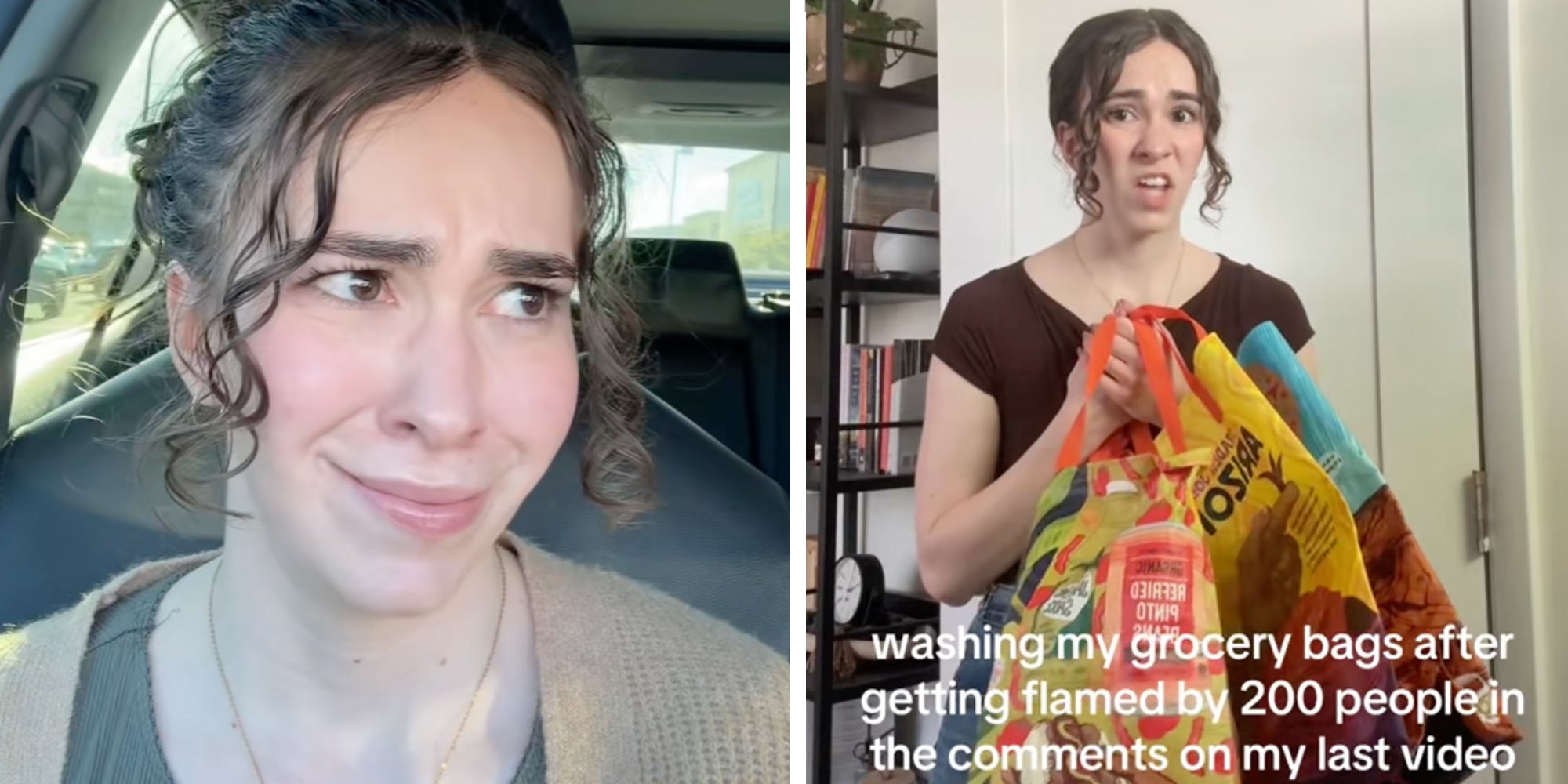 Left: Woman in a car. Right: Woman holding Trader Joe's reusable grocery bags, text overlay reads, 'Washing my grocery bags after getting flamed by 200 people in the comments on my last video.'