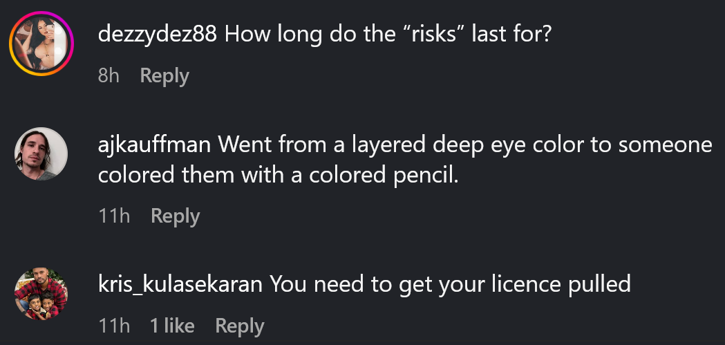 Instagram comments including one reading 'Went from a layered deep eye color to someone colored them with a colored pencil.'
