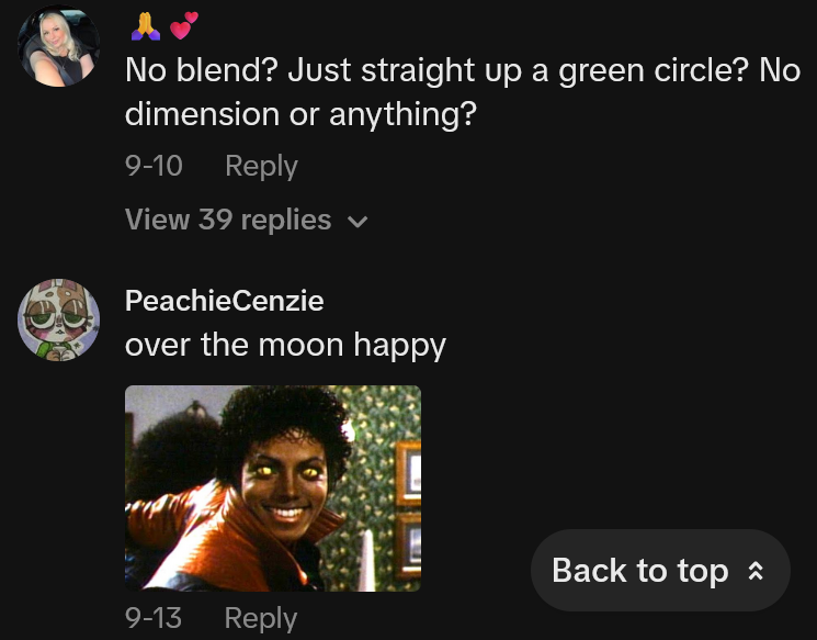 TikTok comments including one reading 'No blend? Just straight up a green circle? No dimension or anything?'
