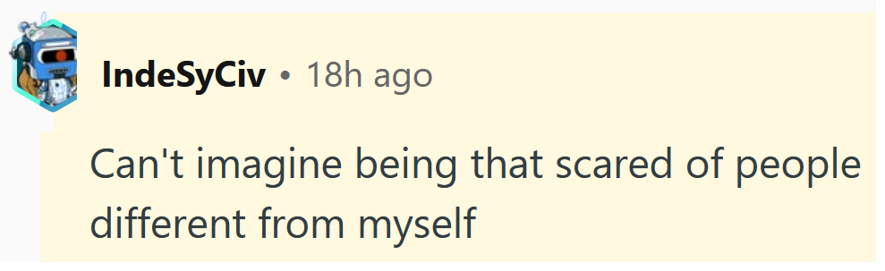 Reddit comment reading 'Can't imagine being that scared of people different from myself'