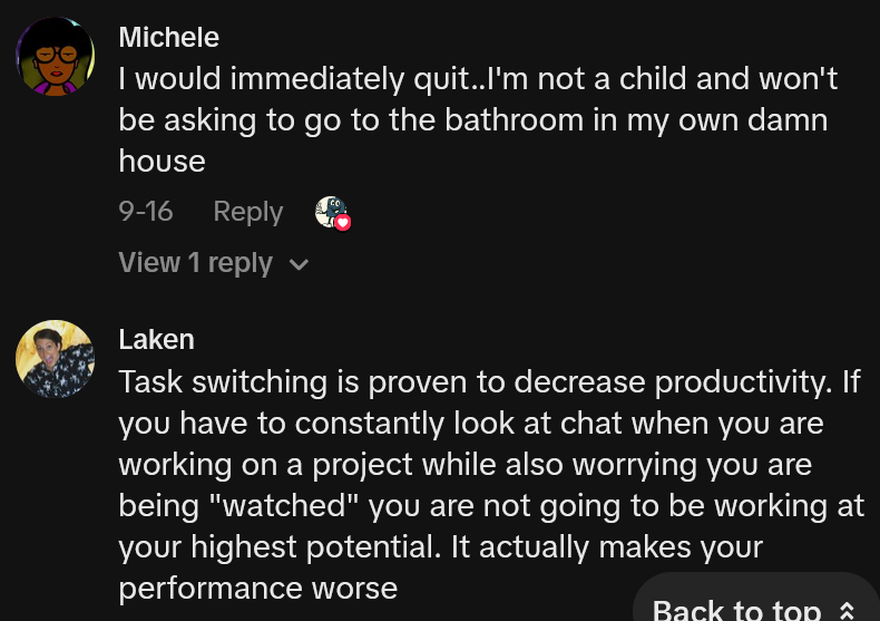 TikTok comments including one reading 'I would immediately quit..I'm not a child and won't be asking to go to the bathroom in my own damn house'