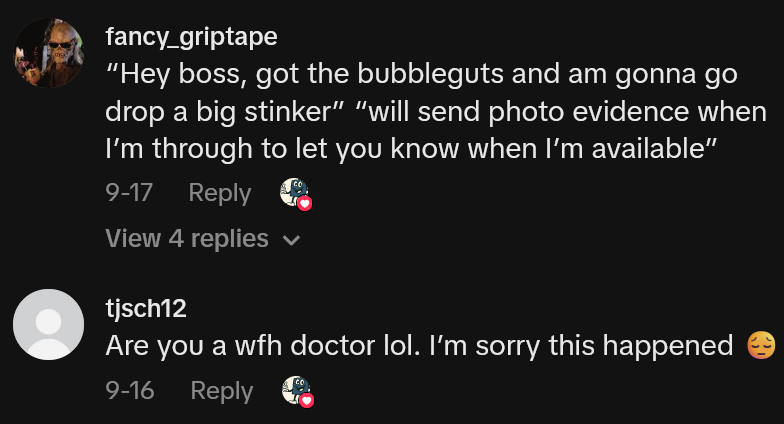 TikTok comments including one reading “Hey boss, got the bubbleguts and am gonna go drop a big stinker” “will send photo evidence when I’m through to let you know when I’m available”