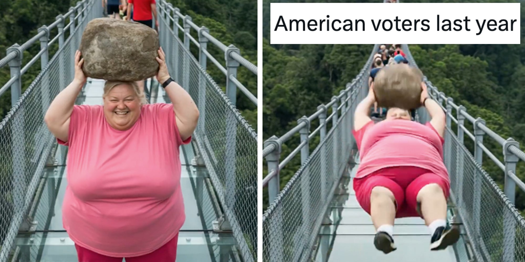 A large, grinning white woman in a pink T-shirt and red shorts is standing at the end of a glass bridge posing for the 'camera.' A still of her falling backwards. Text overlay reads, 'American voters last year.'