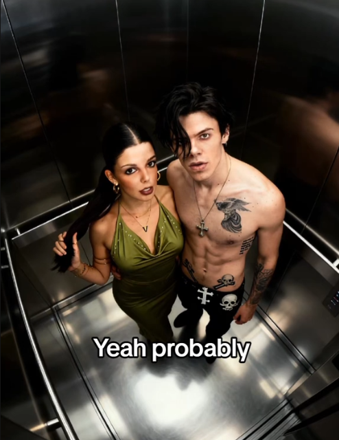 TikTok AI celebrity elevator trend video featuring a young woman next to Yungblud.