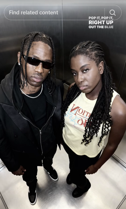 TikTok AI celebrity elevator trend video featuring a young woman next to Travis Scott.