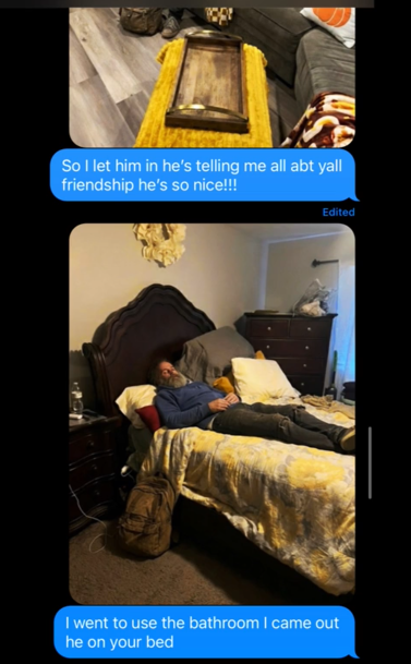 TikTok video showing a text exchange with an AI image of a homeless man laying on a bed.