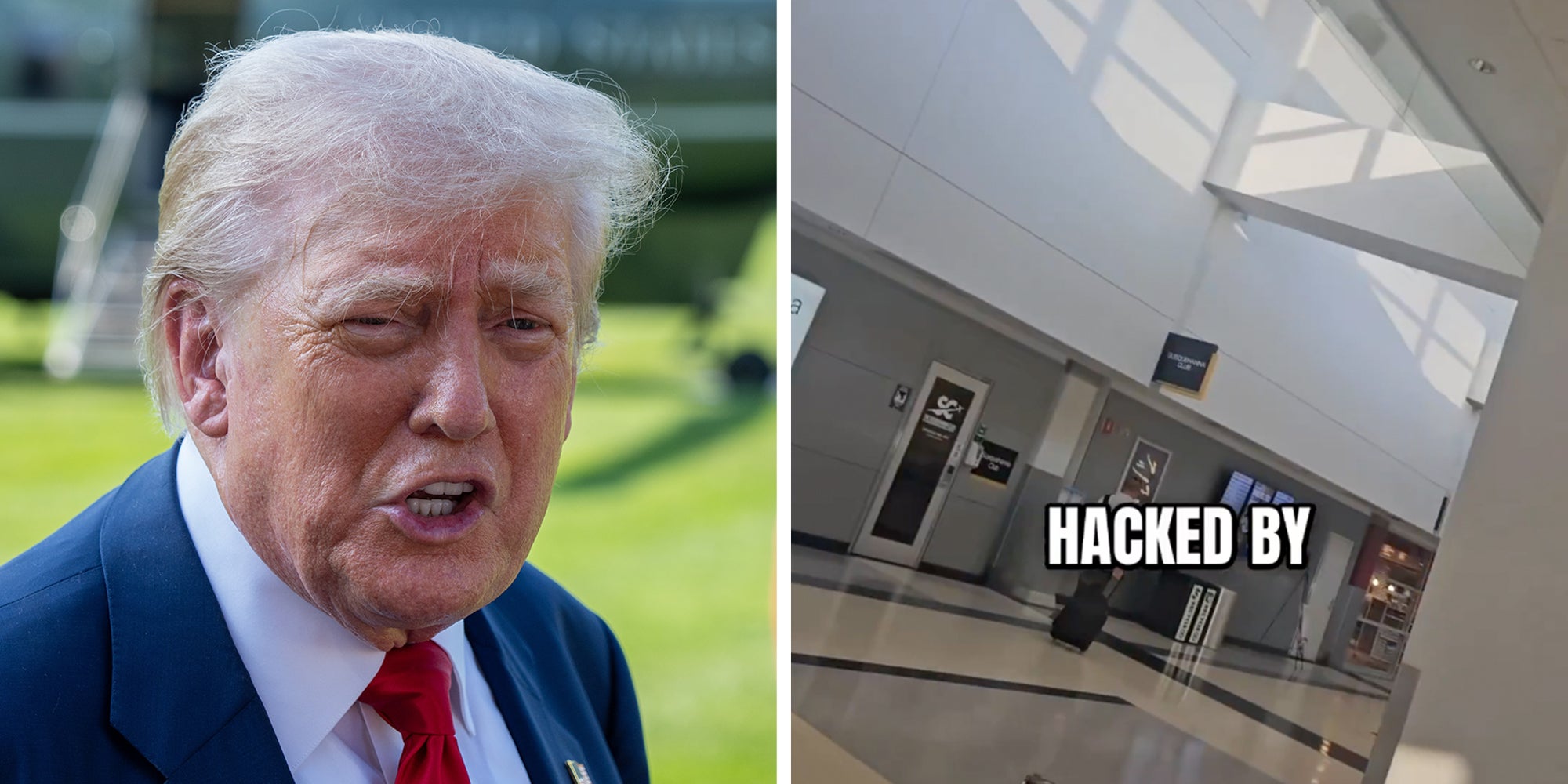 Left: President Donald Trump speaks to the media before boarding Marine 1 en route to Scotland. Right: Airport lounge underneath text reading 'Hacked by.'