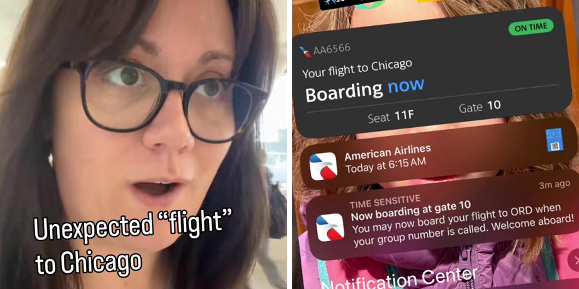 Left: Woman in glasses walking, text overlay reads, 'unexpected 'flight' to chicago.' Right: Screenshot of phone screen showing American Airlines boarding pass.