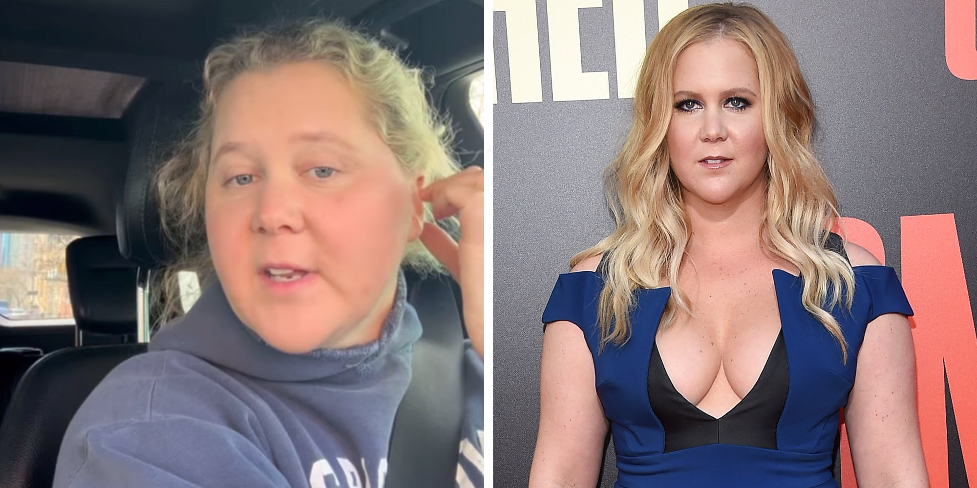 Left: Comedian Amy Schumer sitting in her car in a hoodie speaking into the camera. Right: Amy Schumer arrives for the 'Snatched' World Premiere on May 10, 2017.
