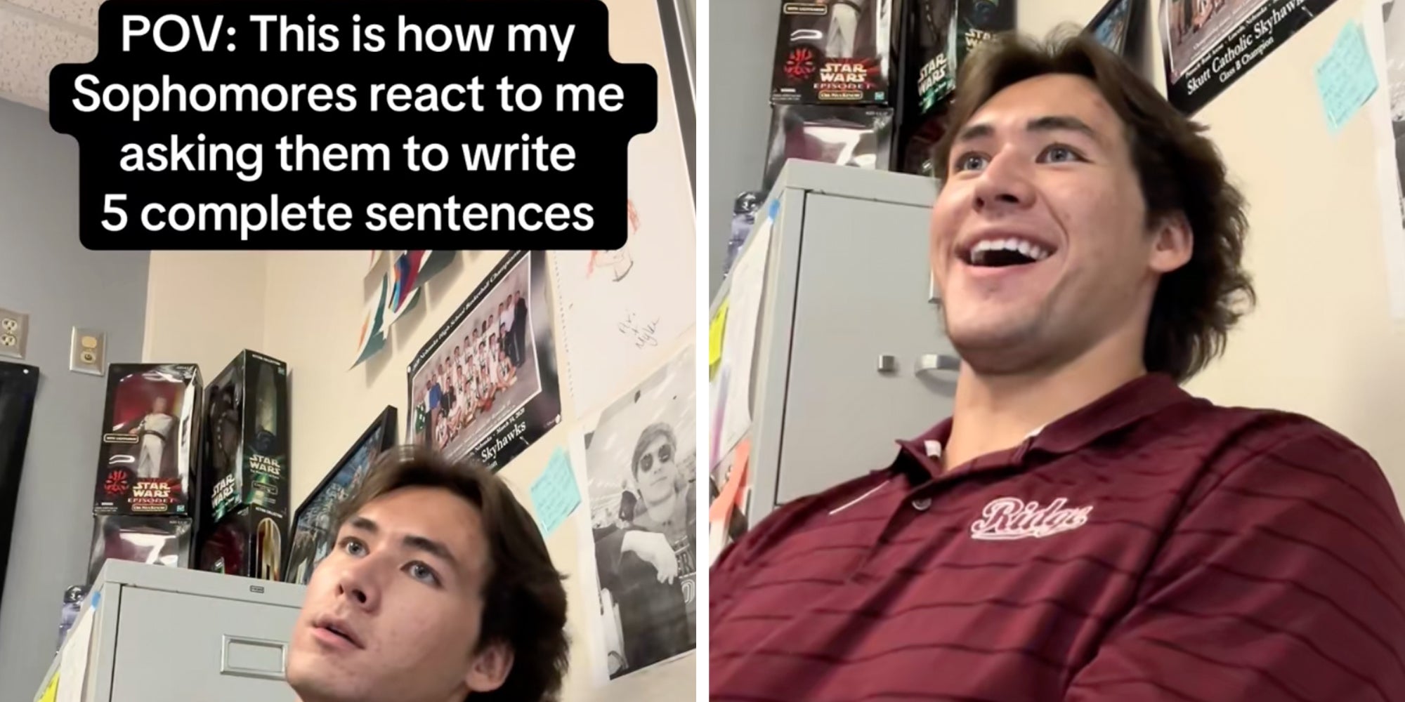 Sophomore teacher sitting in his classroom in a maroon shirt, text overlay reads, 'POV: This is how my sophomores react to me asking them to write 5 complete sentences.'